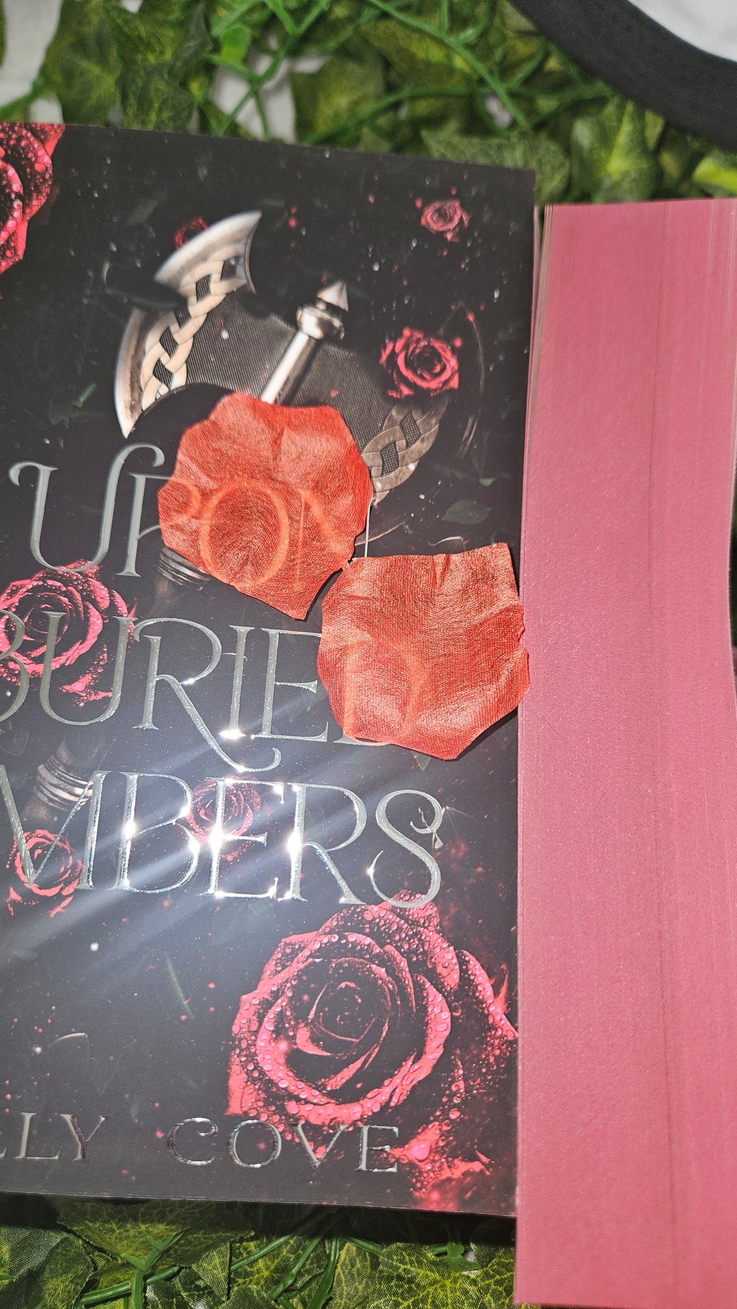 Defective LIMITED Silver Foiled, dark wine/plum purple Sprayed Edges Upon Buried Embers Signed Paperback with Bookmark & Artprints